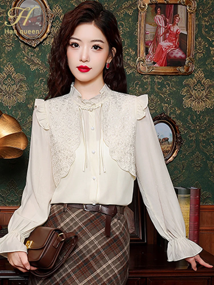 H Han Queen Spring Autumn Blouses Office Blusas Vintage Tops Simple Elegant Chiffon White Blouse Women Flare Sleeve Casual Shirt