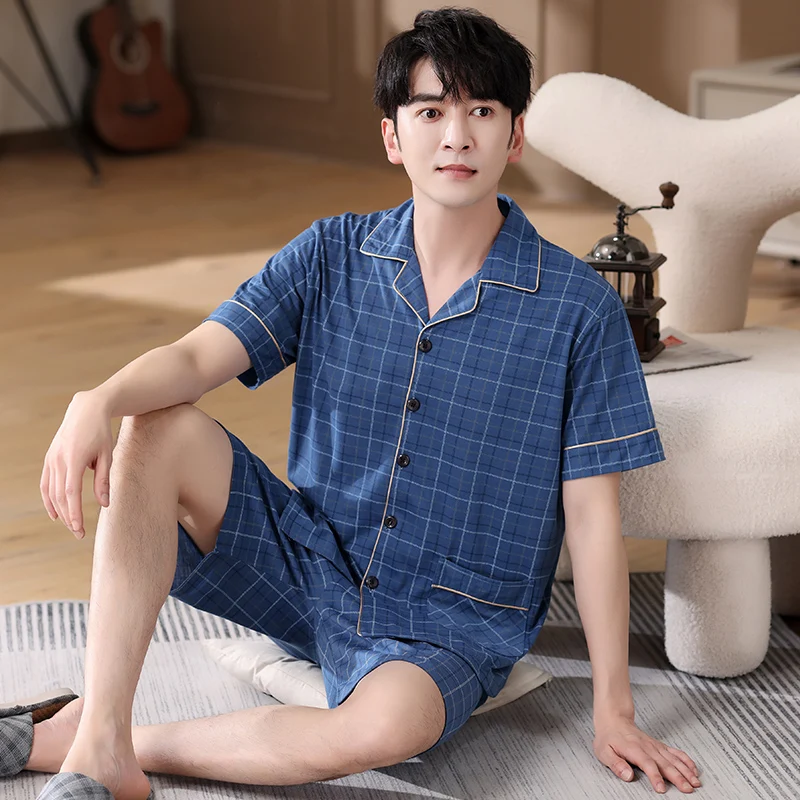 

Men's Pajamas Summer Casual Sleep Wear Set 100%Cotton Short-sleeved Night Clothing Pyjamas Suit Male Home-wear Gentlemen