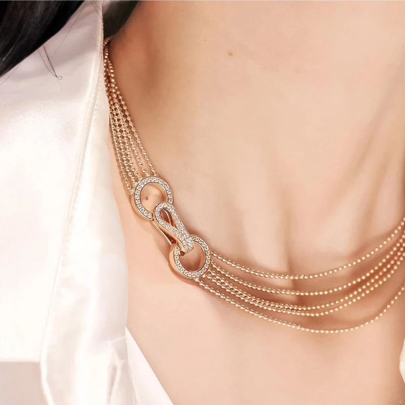 Bellux Luxury Design Fine Jewelry 925 Silver Synthetic Zircon Rose Gold Full Diamond Multi Layer Necklace