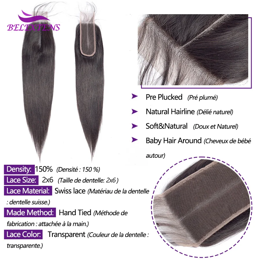 Cabello humano liso con cierre de encaje, cabello Remy brasileño transparente, 2x6