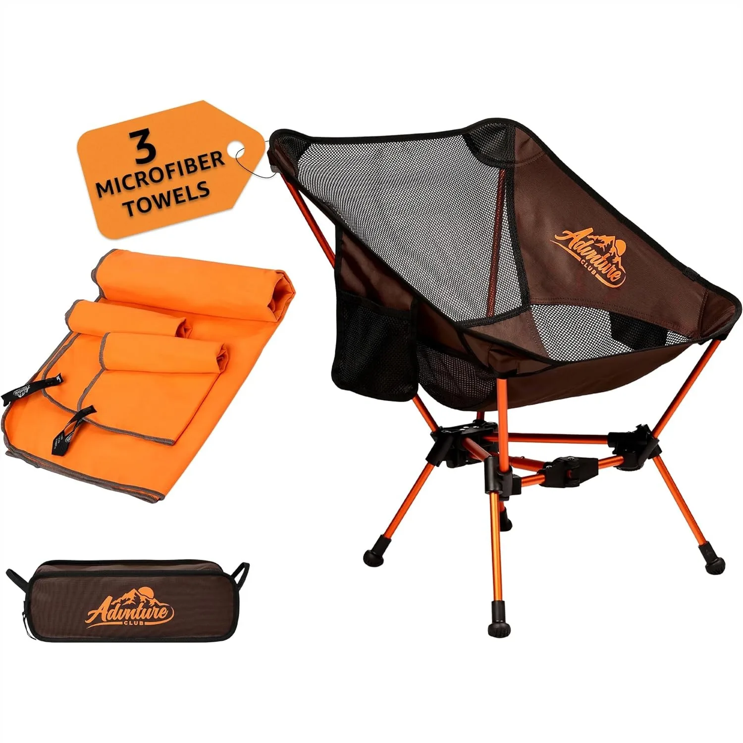 

Portable Camping Chair with 3 Microfiber Towels - Compact Foldable Lightweight for Hiking Beach Tailgates, Supports 330 Lbs