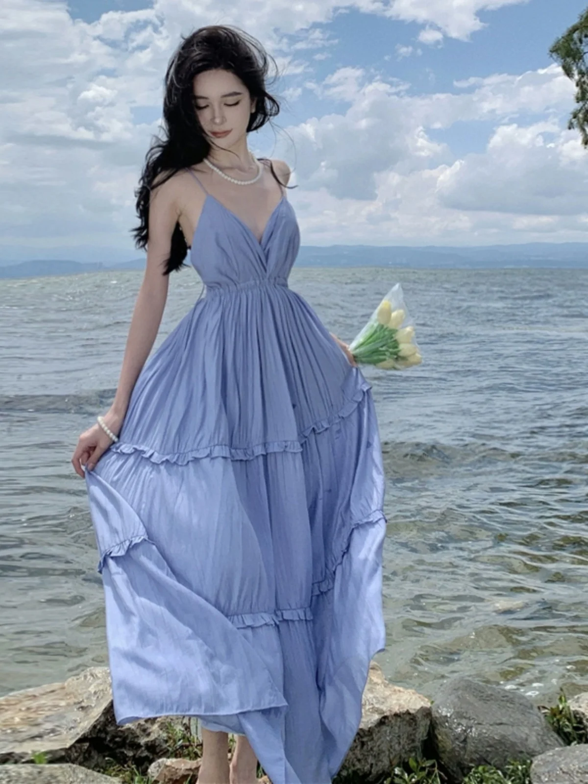 V-neck Sling A Word Dress Long Hainan Sanya Travel Wear Seaside Beach Skirt Women Summer Backless Long dress