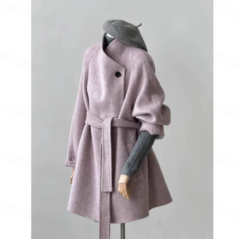 معطف صوفي نسائي عصري فضفاض مناسب برقبة دائرية متعدد الألوان للخريف/الشتاء صوف على الوجهين