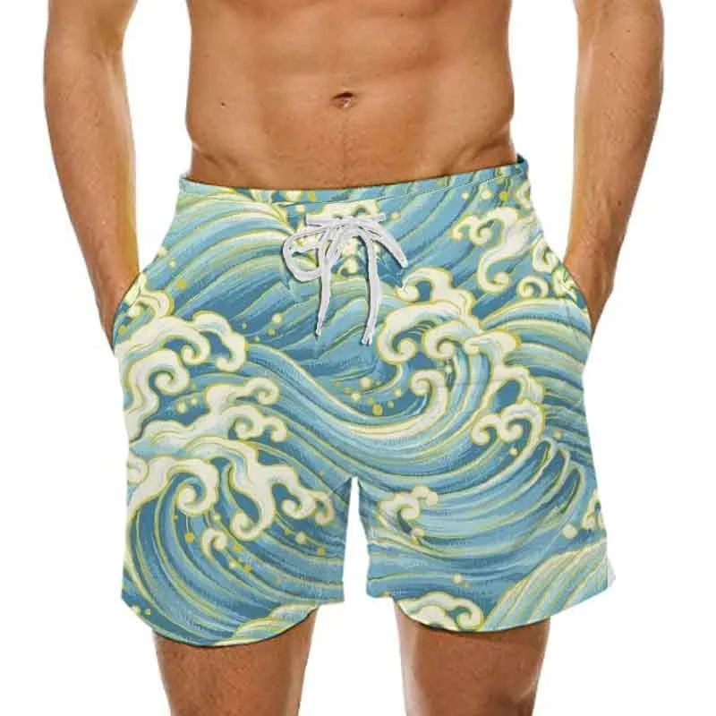 Calção de praia para praia masculina, calção casual para férias, ondas, estampa 3D, fato de banho Y2K, calça curta, verão, 2024