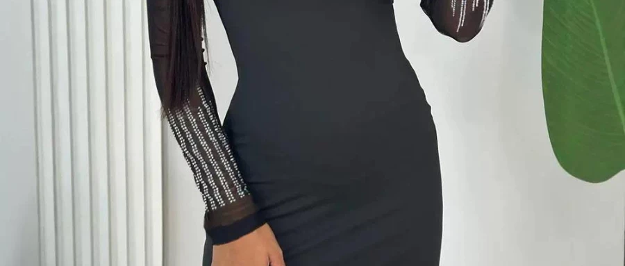 Pure Mesh Patch Strass Decor Hoge Hals Bodycon Jurk Vrouwen Sexy Slanke Mini Jurk