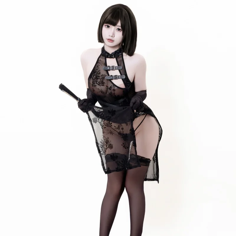 AniLV 섹시한 시스루 치파오 란제리 애니메이션 히로인 전투 유니폼 중국 치파오 드레스 잠옷 에로틱 코스튬 코스프레