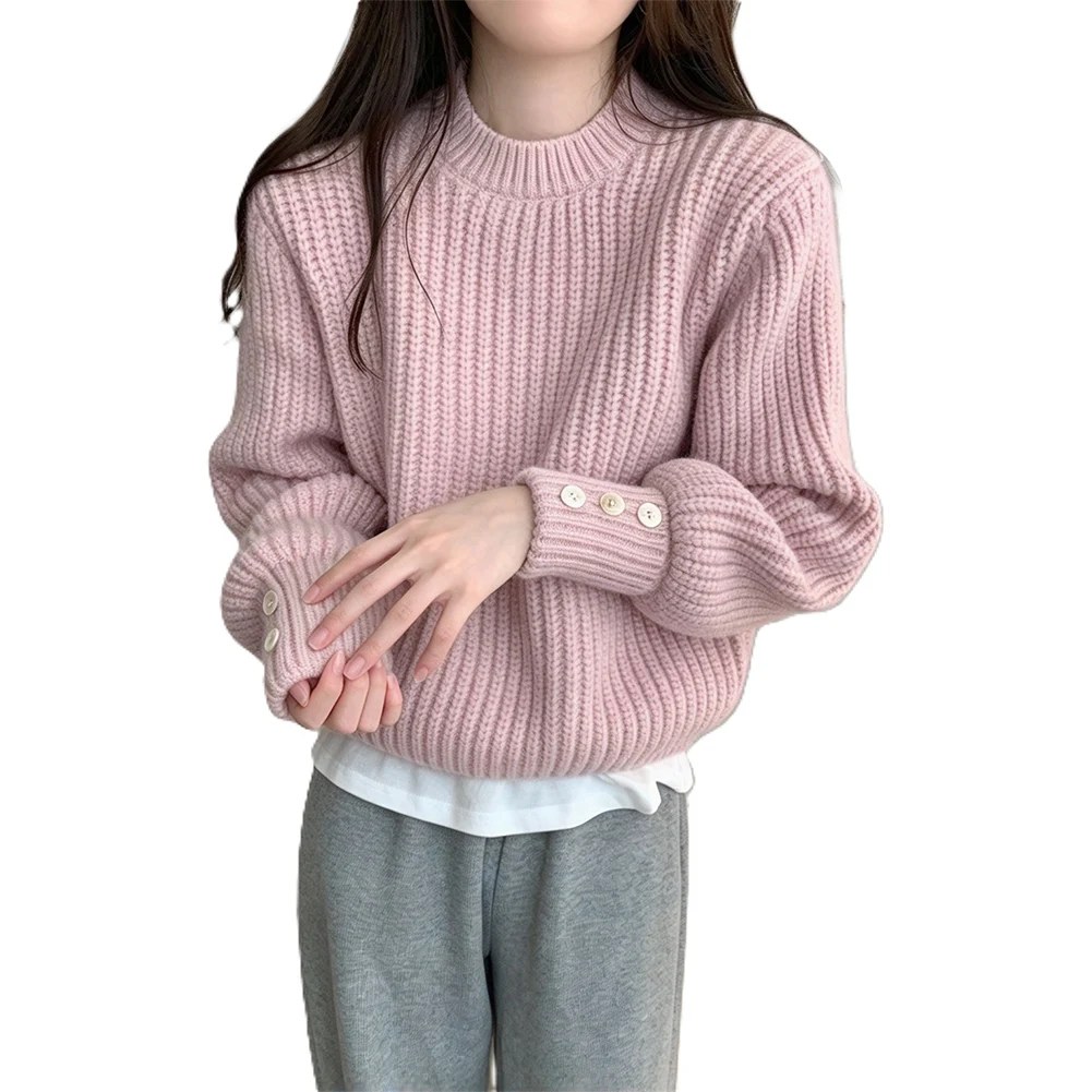 Women's Solid for color Loose Round Neck Knitted Pullover Sweater Fried Dough Twists Vertical Stripe Design Coat Tops