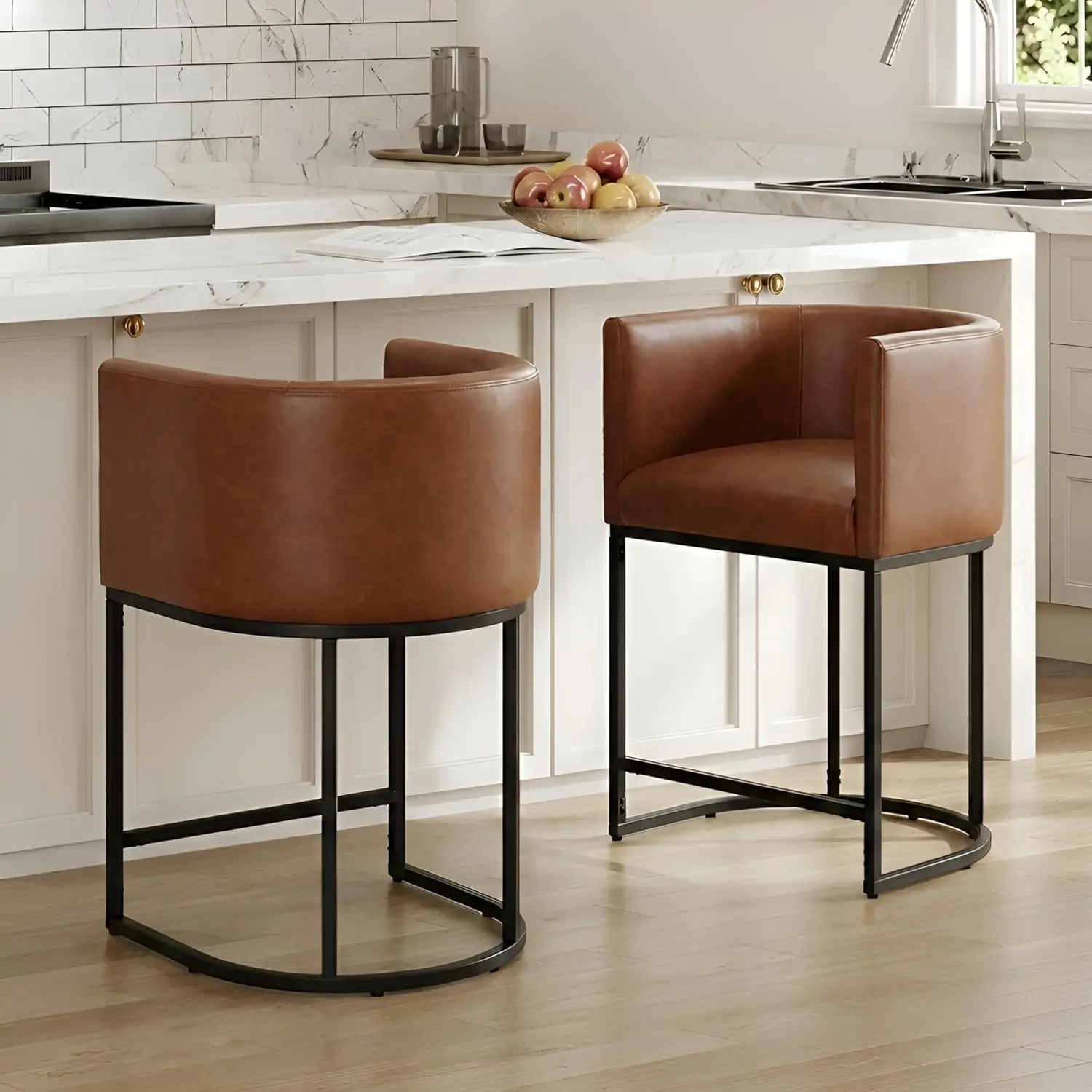 PU Leather Bar Stools 2pcs, Modern Upholstered Counter Height 24