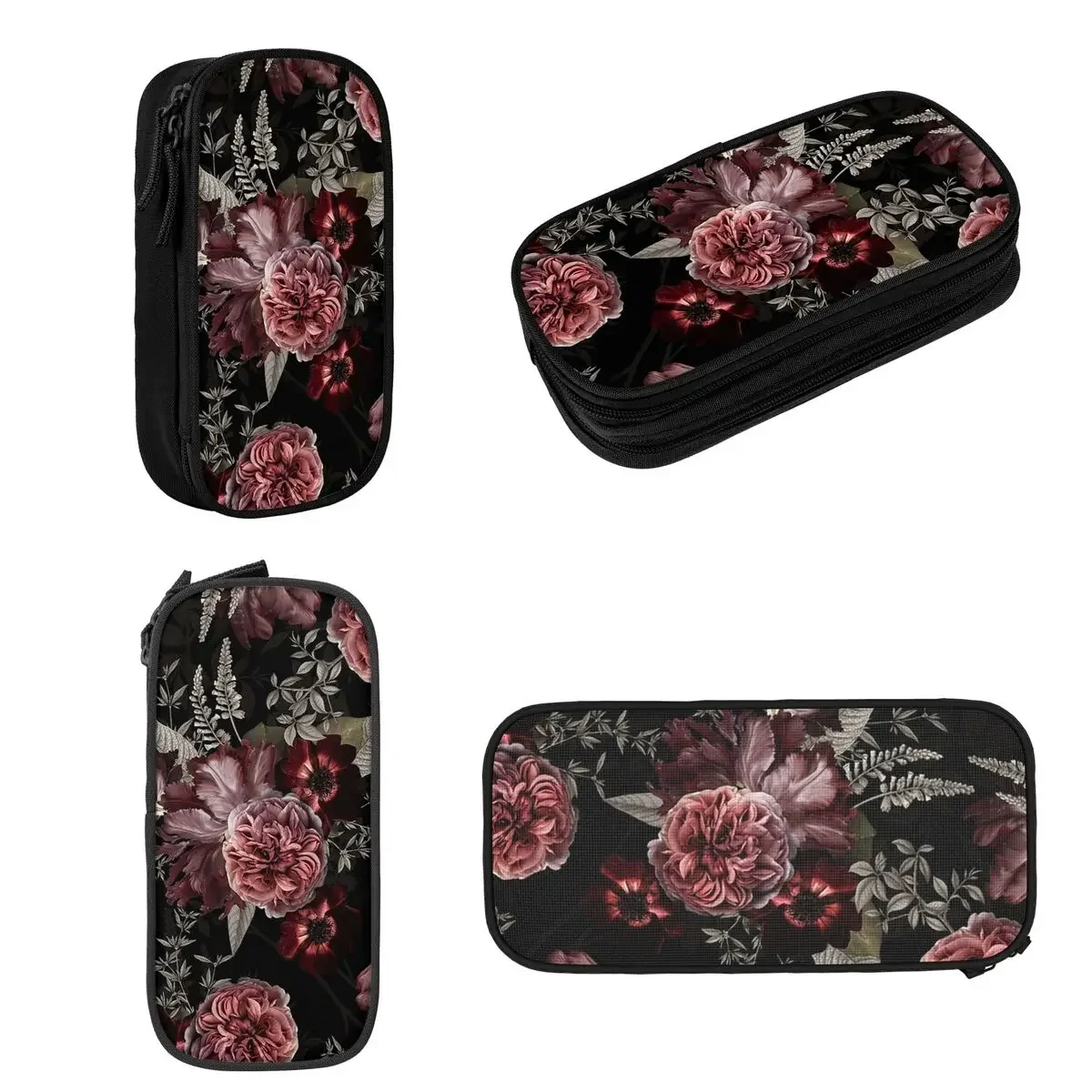 Dutch Vintage Midnight Roses And Tulips Pattern Botanical Night Garden Pencil Cases Large Capacity Pen Bags Pen Box Pencil Pouch