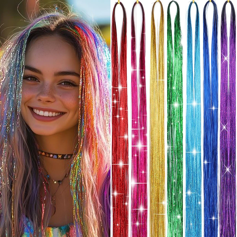 

7Pcs Rainbow Fairy Glitter synthetic Tinsel Hair Extension Folded length 24 " Sparkling Shiny Hair Tinsel hair for Women girls