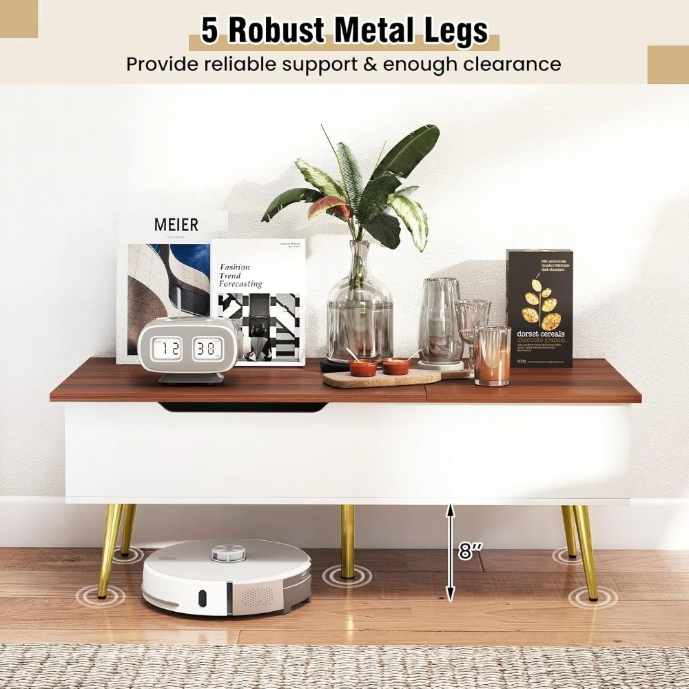 Современный прямоугольный журнальный столик середины века с подъемной столешницей и двумя скрытыми отделениями для хранения вещей