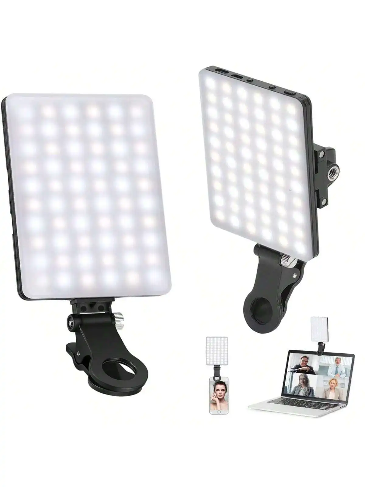 60 LED High Power Rechargeable Clip Fill Video Conference Light with Front & Back Clip, Adjusted 3 Light Modes for Phone, iPhone