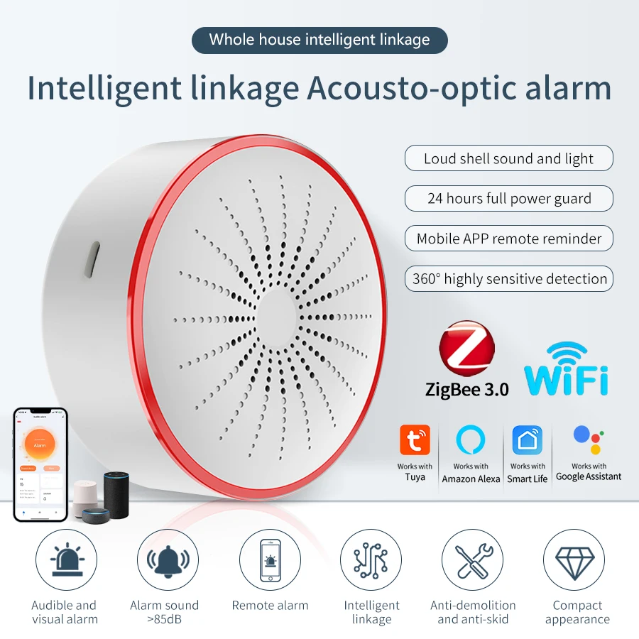 

Tuya ZigBee Wi-Fi умная сигнализация сирена интеллектуальная звуковая и световая сигнализация приложение Smart Life Alexa Google Assistant домашняя система безопасности