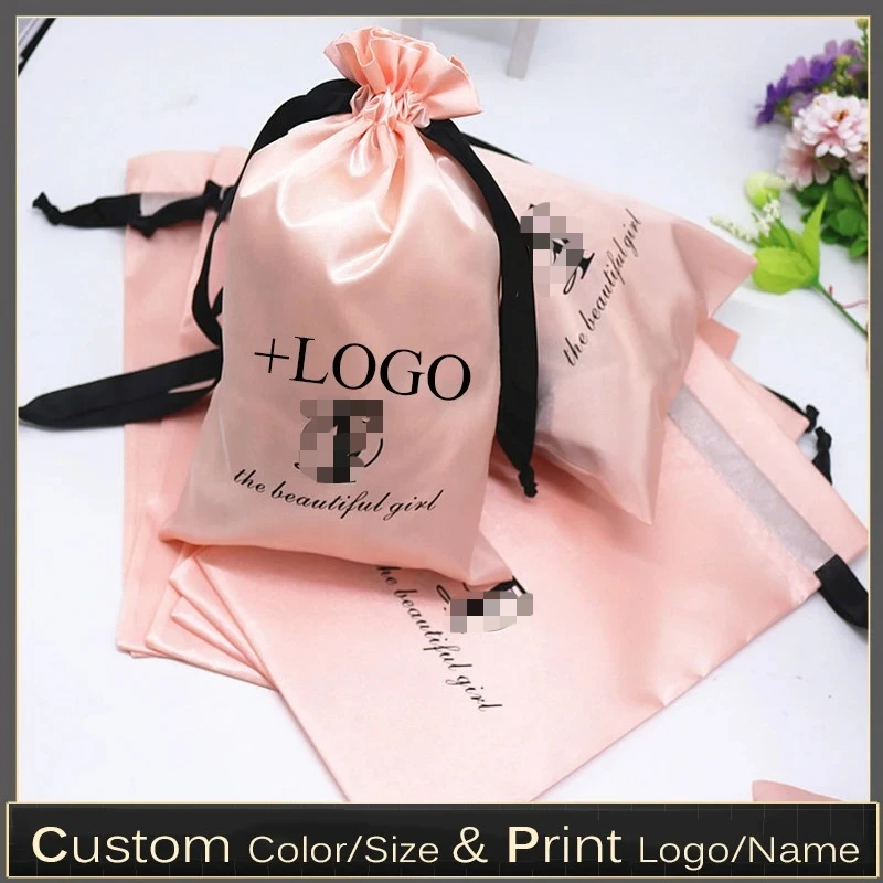 Bolsa de satén de seda rosa para bebé, 20 piezas, extensiones de cabello/pelucas/Productos/Embalaje de maquillaje, bolsa con cordón, logotipo de impresión personalizado, bolsa de regalo