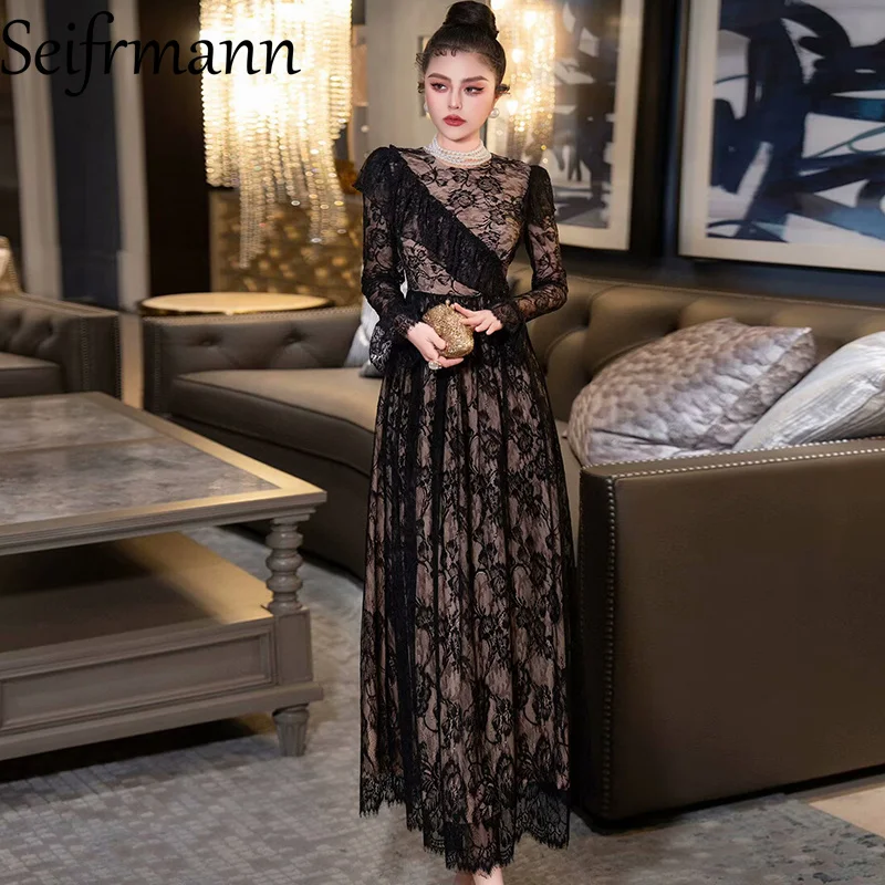 

Seifrmann High-End Lace Hollow Out Long Dress Long-Sleeved High waist Fashion design Big Swing Summer Dresses
