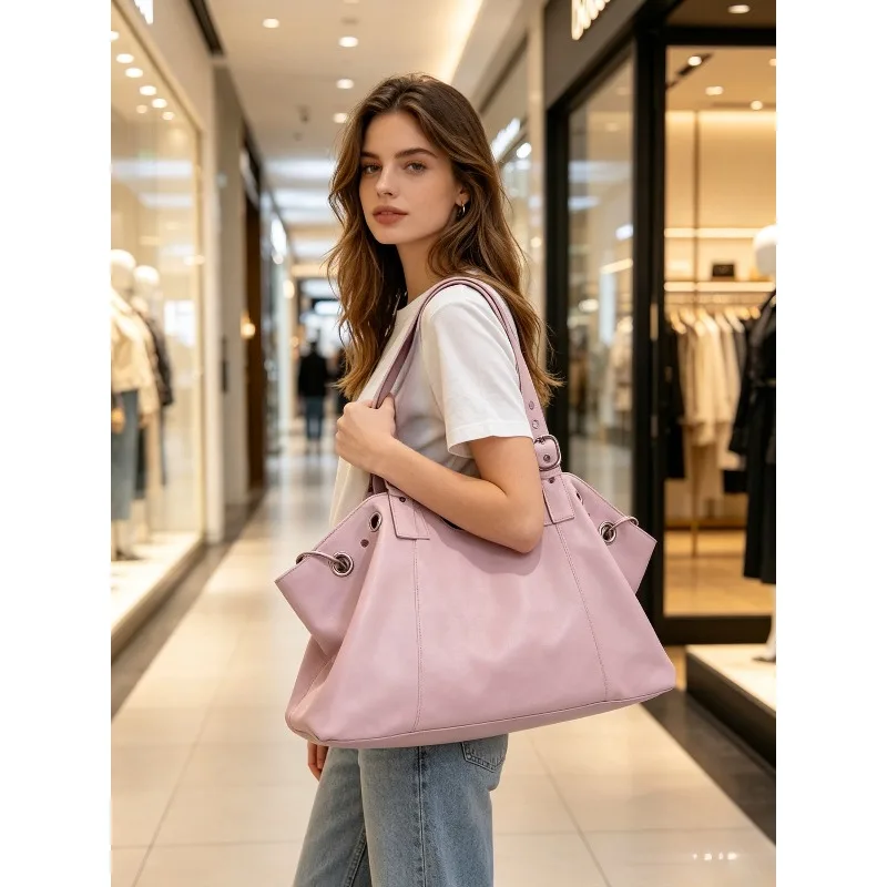 Y2K Sweet Cool Moto Style PU Tote Bag Large Capacity Korean Ladies Shoulder Bag Daily Work Shopping Storage Handbag