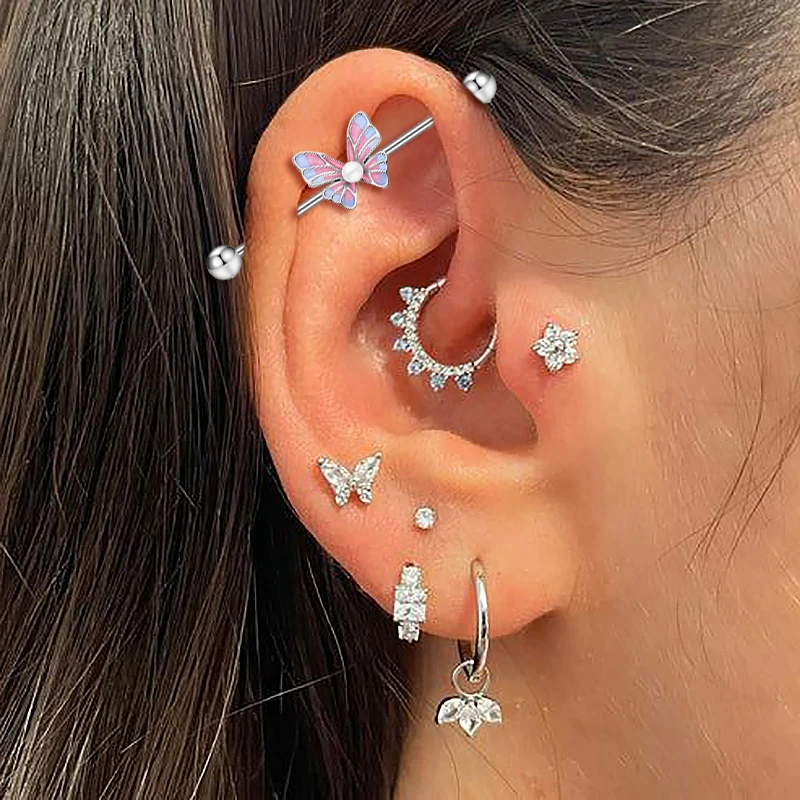 ステンレス鋼のバタフライイヤリング,316l,工業用バーベルピアス,長いイヤースタッド,ファッショナブルなボディジュエリー,女性へのギフト,1個