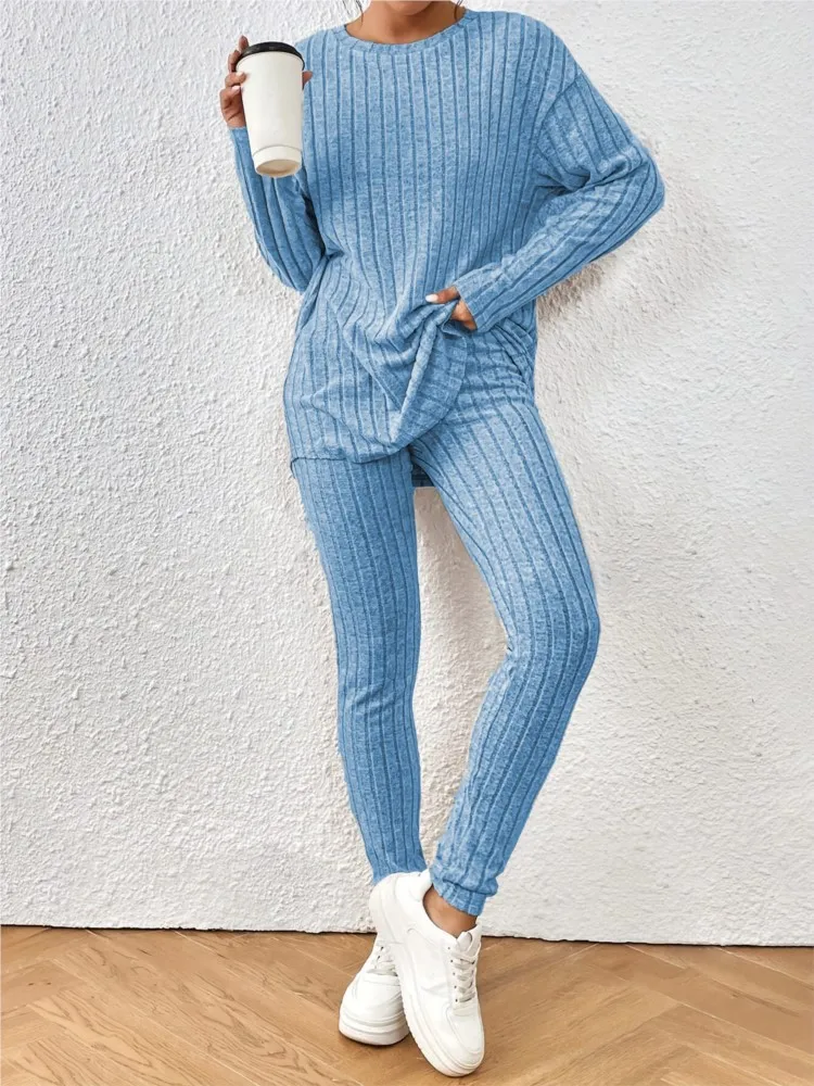 Casual O-neck Two Piece Set Women Outfits Autumn Winter New Fashion Solid Knitted Long Sleeve Sweater Elegant Loose Pants Suit