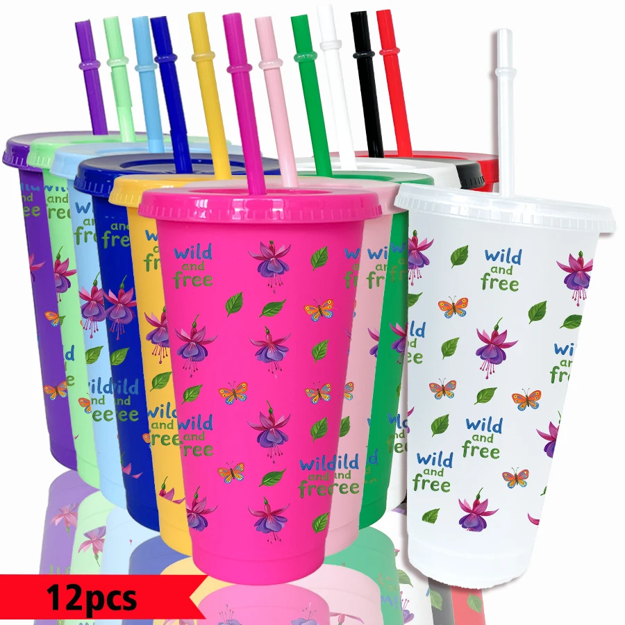 12pcs/pack Flowers Butterflies Leaves Pattern 26oz Colored Plastic Party Cold Cups for Back-to-school Birthday Gifts