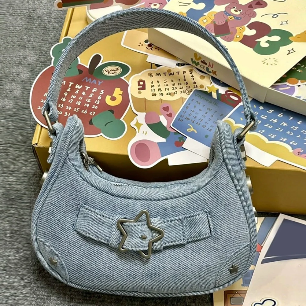 

Women Underarm Bag Vintage Y2K Shoulder Handbag Zipper Star Decor Solid Color Fashion Gift for Girls Female Armpit Bags