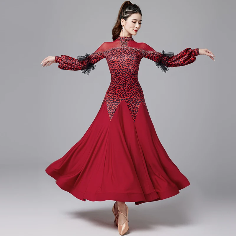 

New Ballroom Dance Competition Dress For Women Long Sleeved Leopard Big Swing Skirts Waltz Modern Dance Performance Wear DQL8690