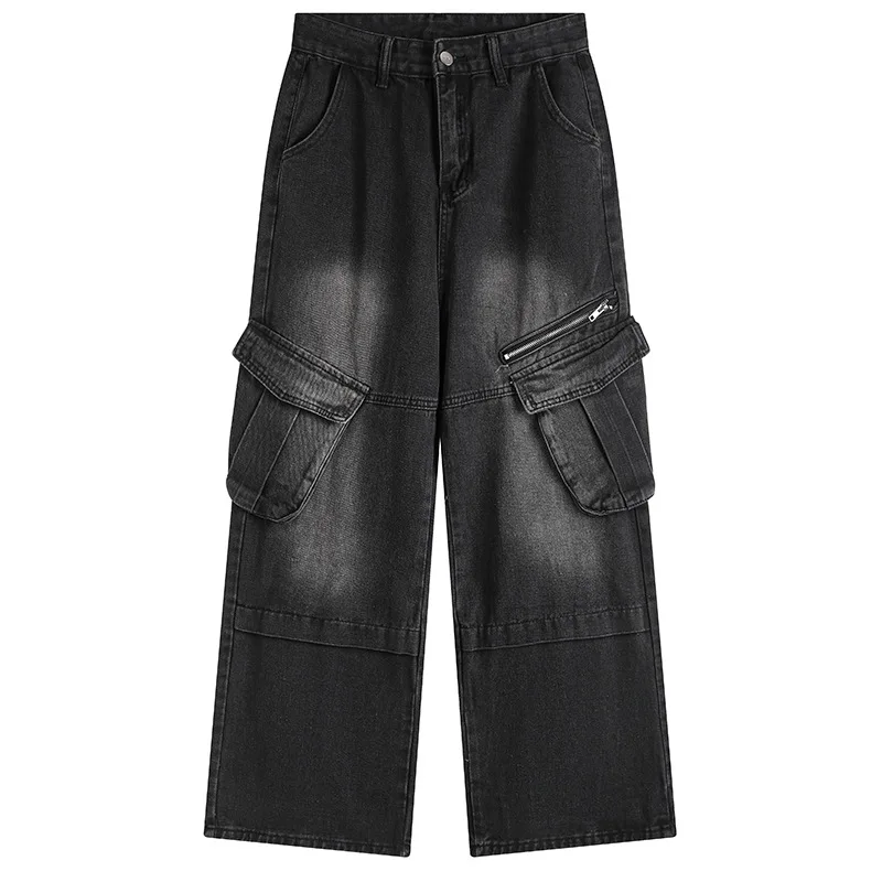 Spring Autumn New Fashion Men's Vintage Multi Pocket Washed Loose Wide Leg Straight Black Casual Trendy Jean Trousers Male Pants