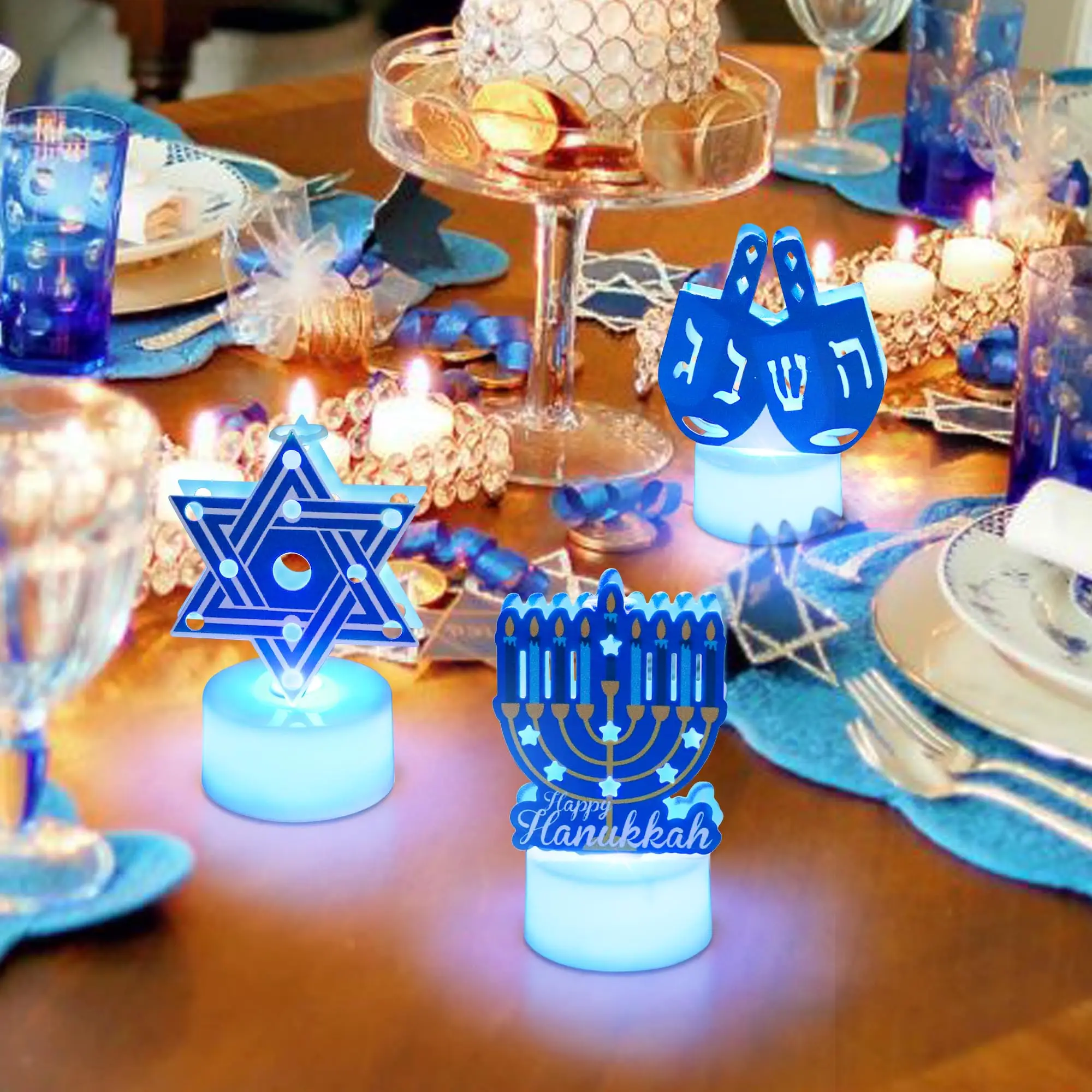 6Pcs Hanukkah LED Tea Lights Battery Operated Flameless Candles Star of David Menorah Dreidel Table Centerpiece Jewish Gifts