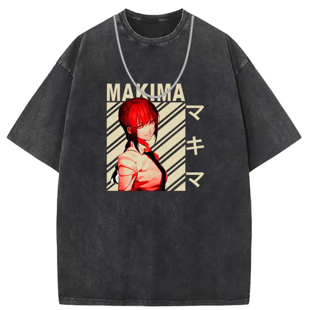 Makima Japanese Anime Printed T-shirts Men Retro Washed Cotton Long Sleeve Tee Shirts Unisex Streetwear Oversized Sweatshirts