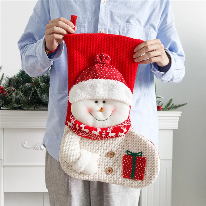 1 buah stoking Natal rajutan merah putih kaus kaki dekorasi perapian manusia salju Santa Claus tas hadiah Natal dekorasi pesta rumah permen