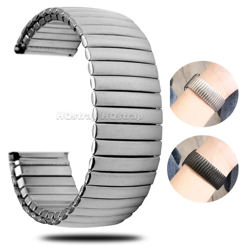 Stainless Steel Elastic Strap Polished Matte Watch Band 20mm 22mm Watch Women Men Waterproof Bracelet Silver Black Accessories