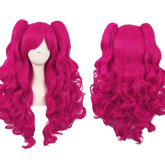 

Pinkie Pie Cosplay Wig With Natural Long Curly Hair Double Ponytails And A Tiger Mouth Clip Rose Red