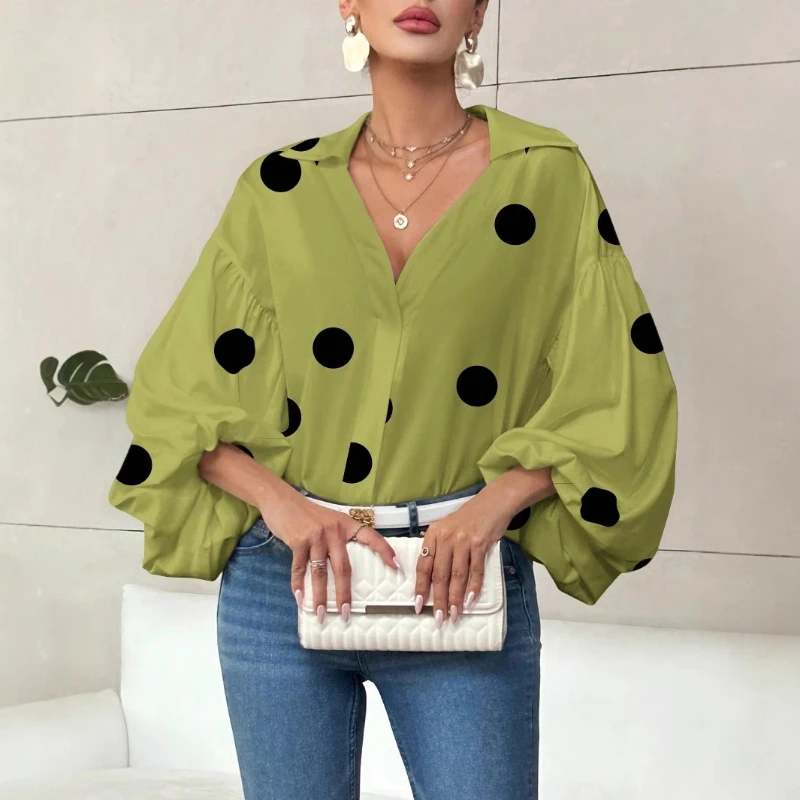

2025 new niche fashionable French polka dot semi open collar design trendy loose bubble long sleeved top