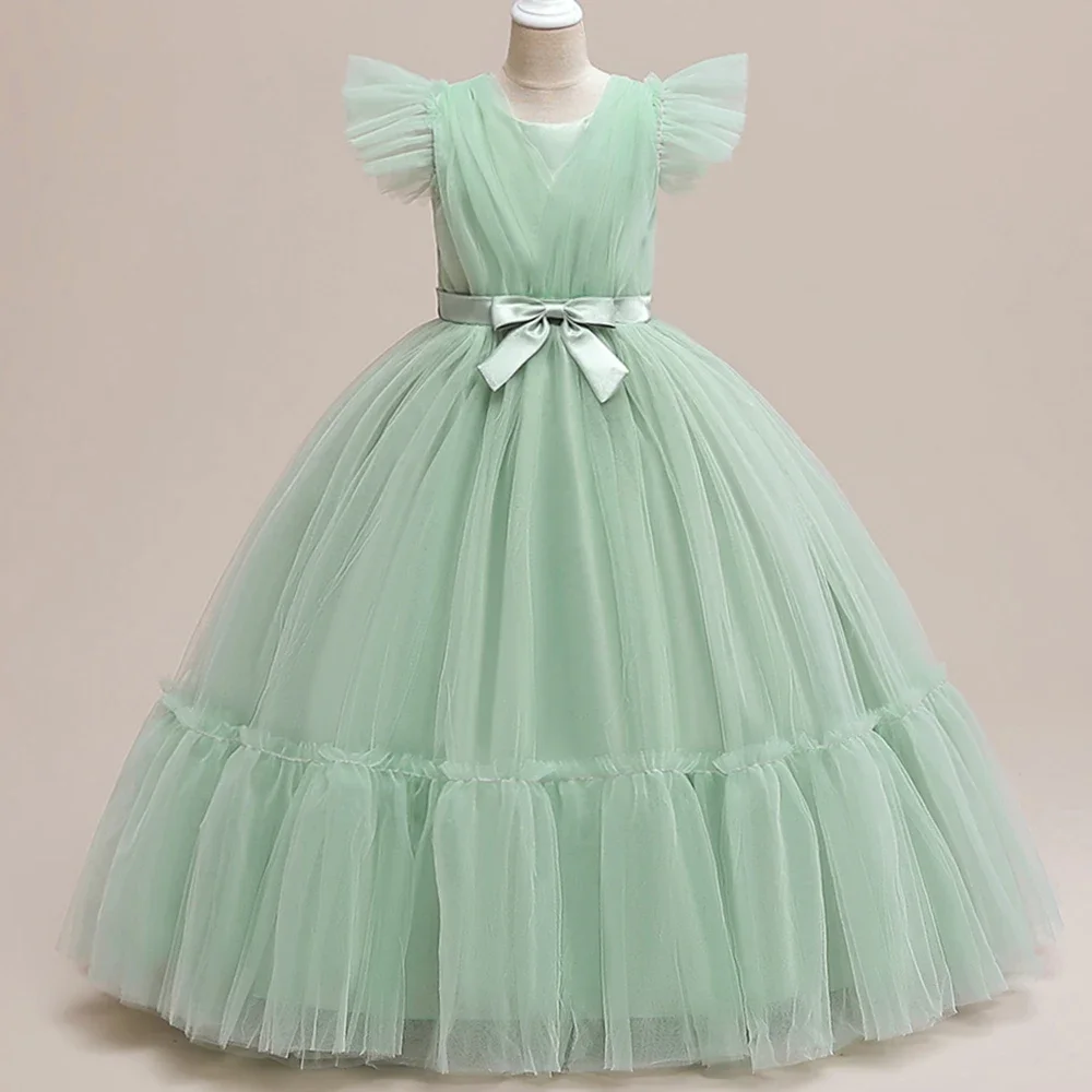 

Mint Green Tulle Flower Girl Dress, Puff Short Sleeves, Square Neck, Bow - Waist, Princess Ball Gown for Wedding/Party