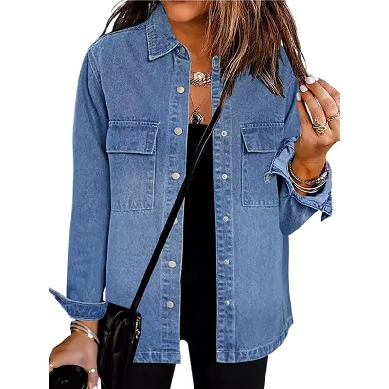 Giacca di jeans oversize da donna Camicie di jeans casual a maniche lunghe Giacca di jeans Distresse Abiti autunnali-LICG