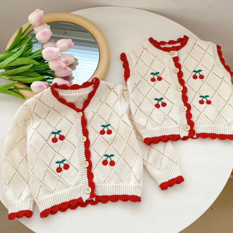 2024 Autumn Spring Long Sleeve Cardigan Knit Coat Cute Cherry Embroidery Infant Baby Girls Sweater Vest Children Clothing 0-3Y