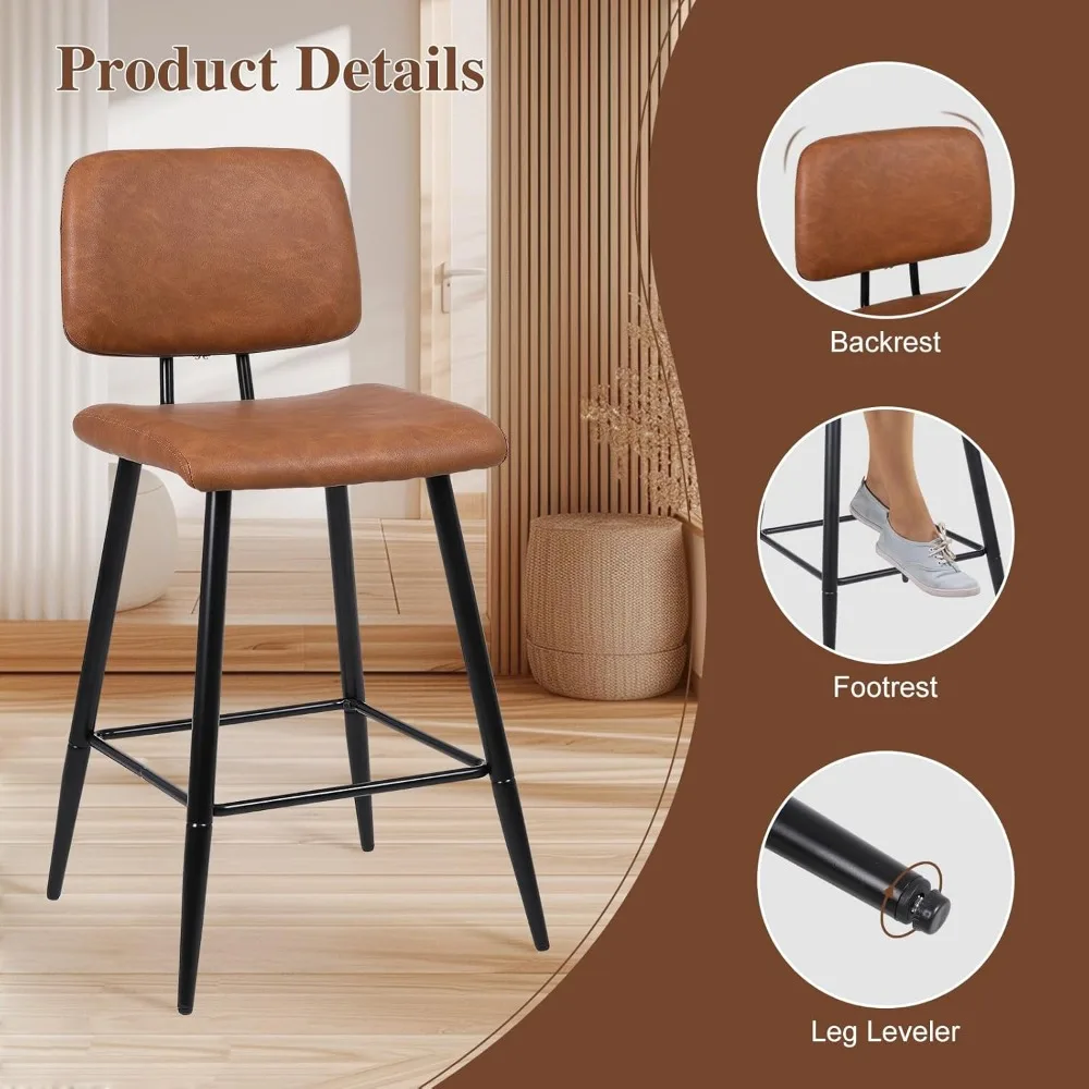 26인치 현대식 인조 가죽 바 스툴 2개 세트(등받이 및 금속 다리 포함) 주방 아일랜드용