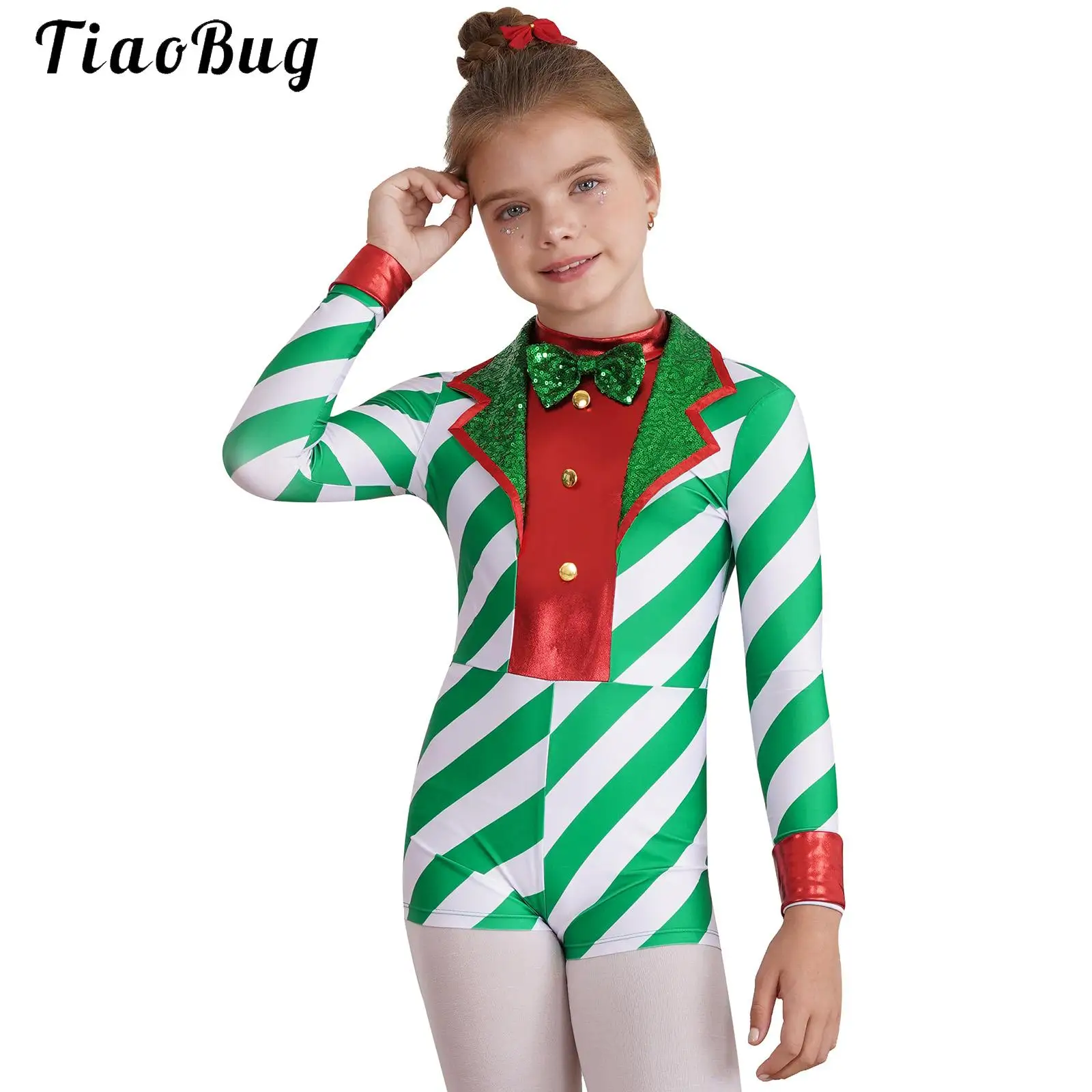 Kids Girl Candy Cane Christmas Shorty Unitard Costume Sequins Stripes One Piece Bodysuit Jumpsuit Xmas Performance Dancewear
