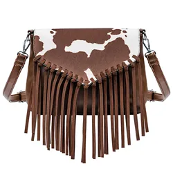 Hairon Cow Pattern Fringe Crossbody Bag Handbag Purse Female bag Women's bag