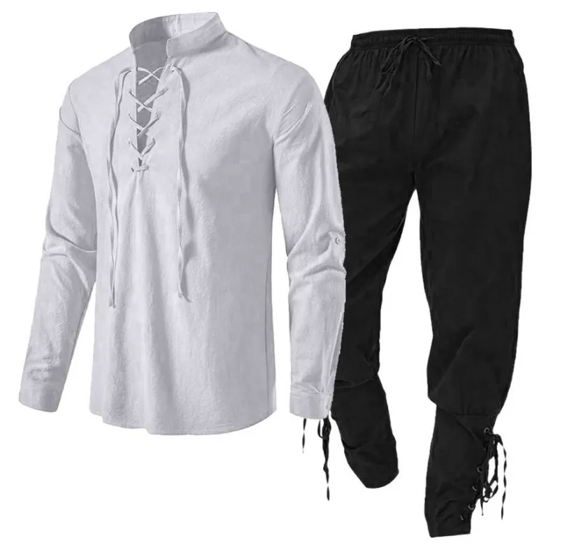

Men's Long Sleeved New European Cotton Linen Shirt Casual Beach Stand Up Collar Shirt Solid Color Two-piece Set for Men