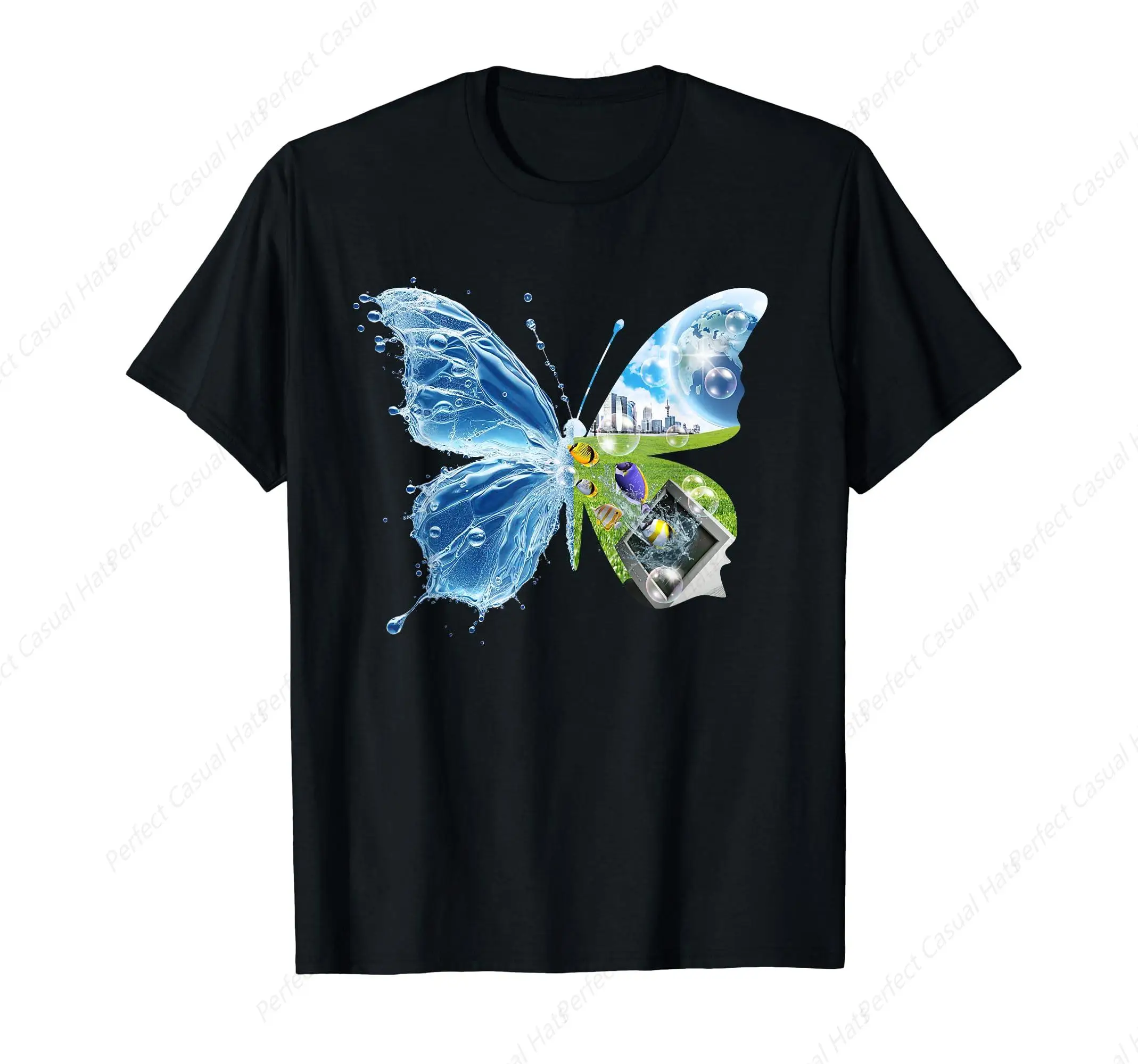 Frutiger Aero Aesthetic Butterfly Computer Fishes Scenery T-Shirt Casual Cotton Tee Clothing Men Cotton T-Shirt