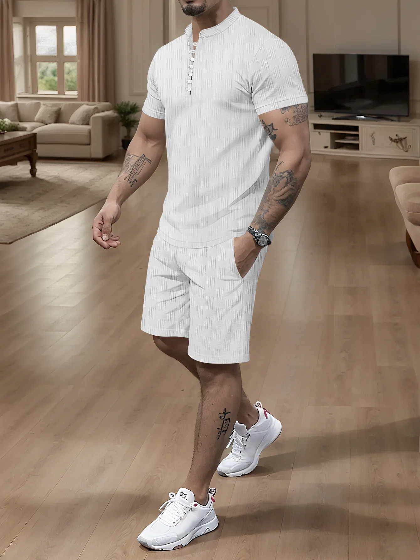 Men's jacquard round-neck solid-color simple suit short-sleeved T-shirt top simple casual home pants set