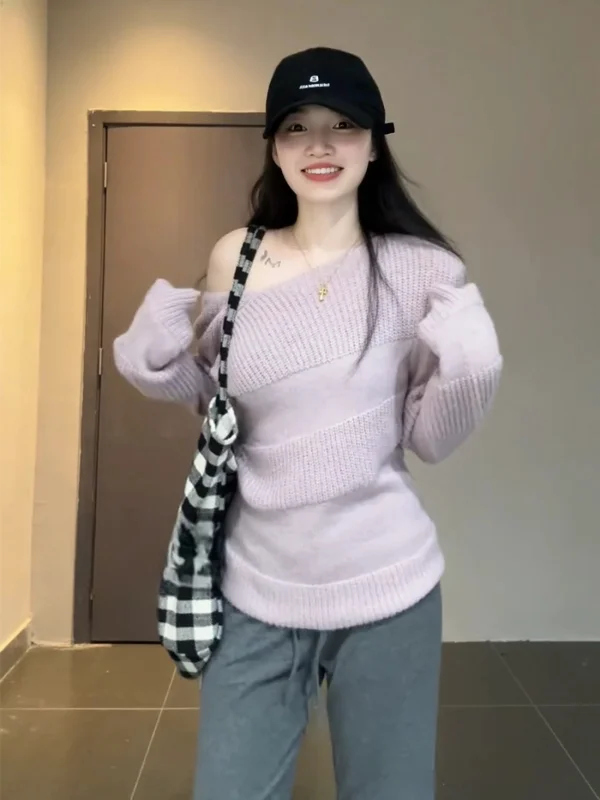 

Trendy Slant oulder Knitwear Gentle Sle Long Sve Sweater Slimming Top for Women Faionable Winter Casual Wear