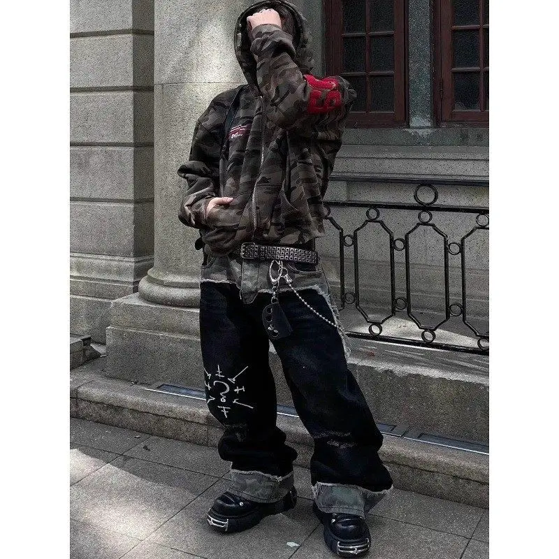 

American High Street Camouflage Splicing Hole Denim Pants Men's Autumn Street Loose Straight Leg Micro Flared Floor-Length Pants