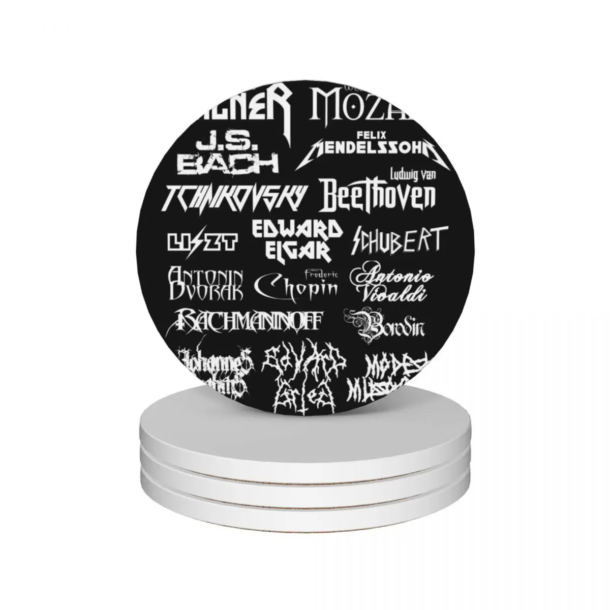 

Heavy Metal-style Classical Composers (White Text) Ceramic Coasters (Set of 4) Cup mat bulk Coasters