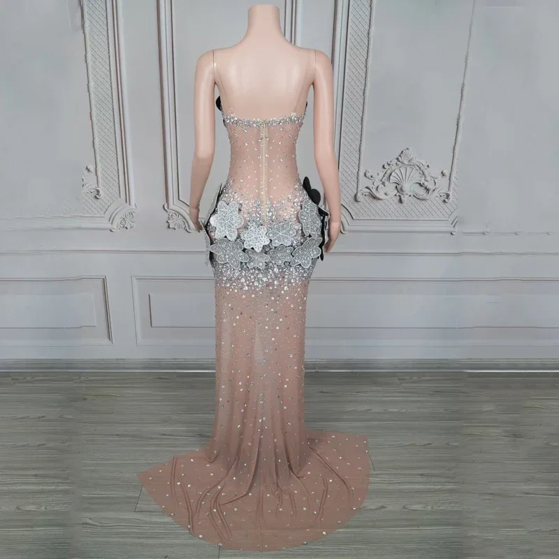 Strass robe de soirée fleur gala tenues d'anniversaire femmes chanteur scène défilé Festival tenue Performance tenue de fête