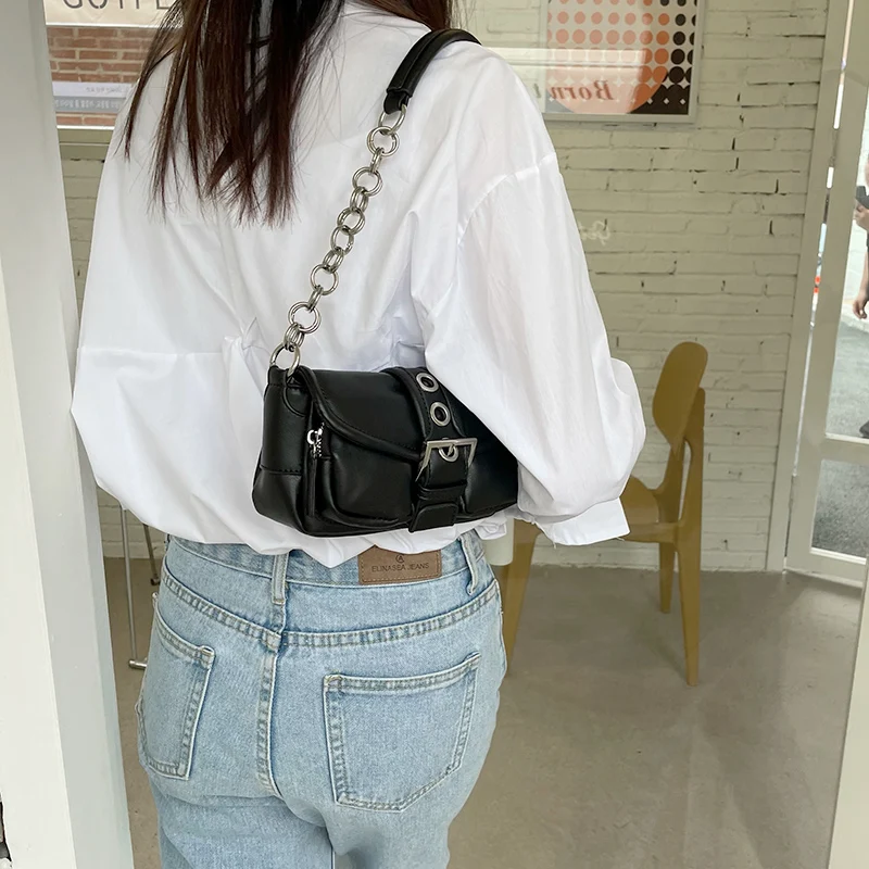 Retro Women\'s Chain Small Shoulder Bag Solid Color PU Leather Ladies Underarm Bags Fashion Female Armpit Bag Tote Purse Handbags