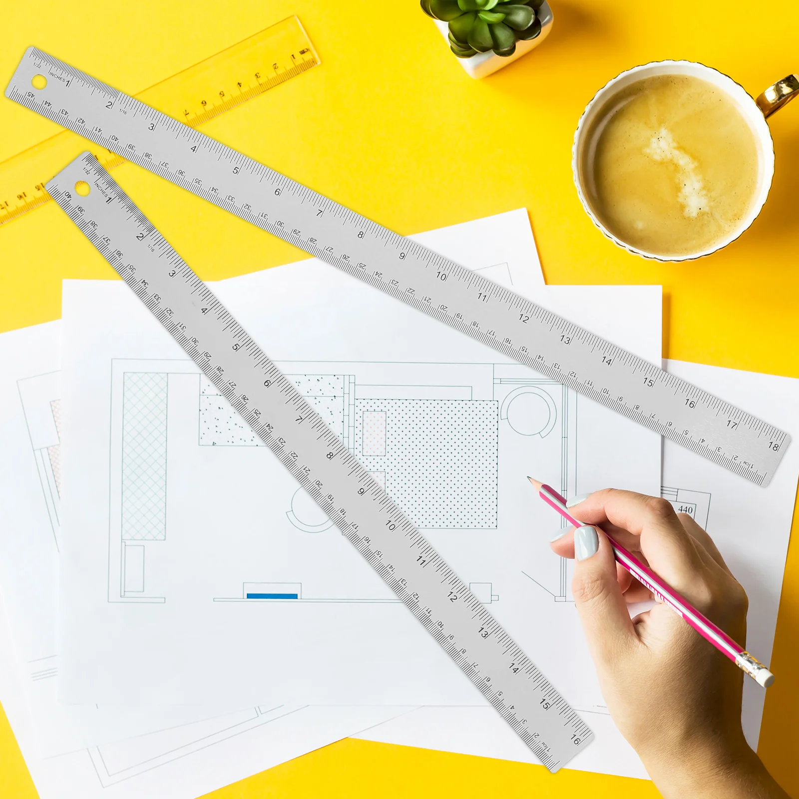 2pcs Stainless Steel Ruler Set Measuring Tool Metric Markings Drawing Office School Use Hanging Hole