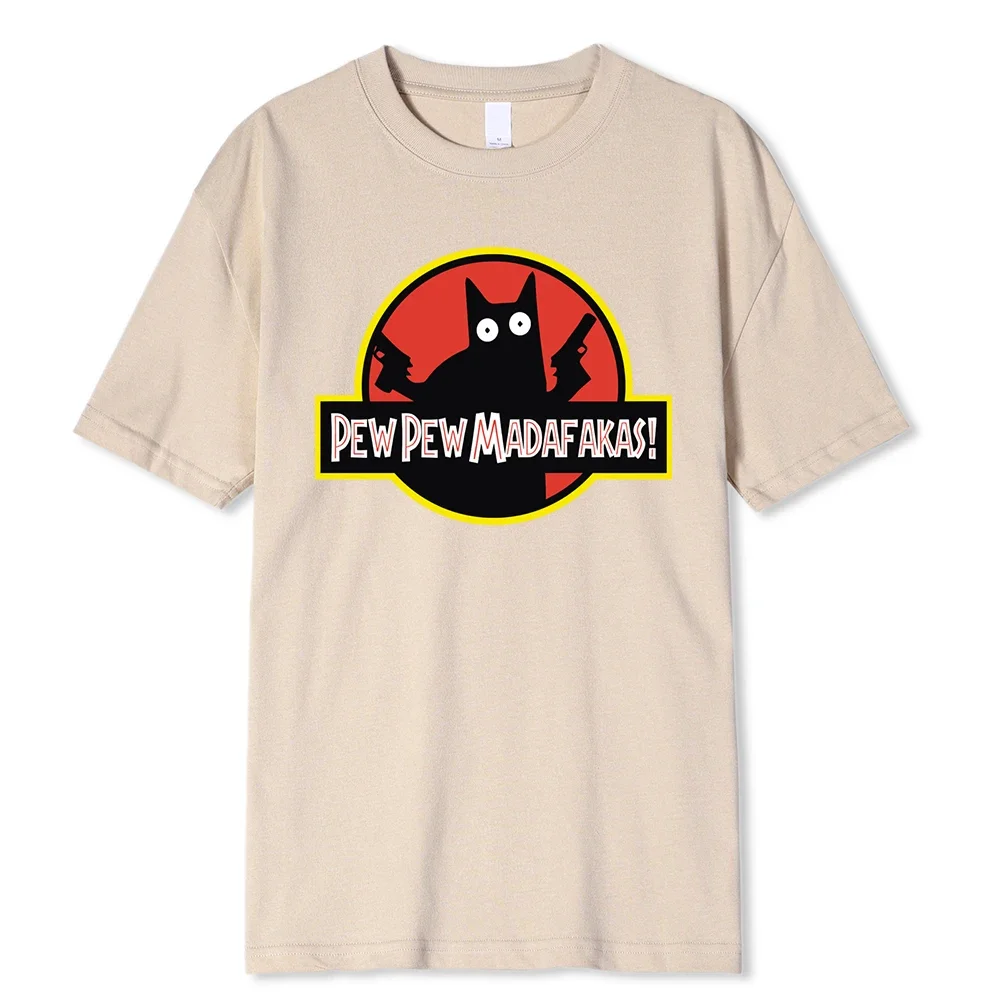 Man Short Sleeves T-ShirtPew Pew Madafakas Black Cat with Two Guns Male y2k style Tops Summer Loose 100% CottonCasual T-Shirts