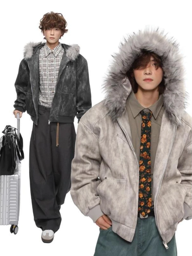 

2000s Aesthetic retro Jacket men Y2k Zip Up Faux Fur Collar Hooded Design Harajuku Casual Coat Loose american Y2k Hoodies Parkas
