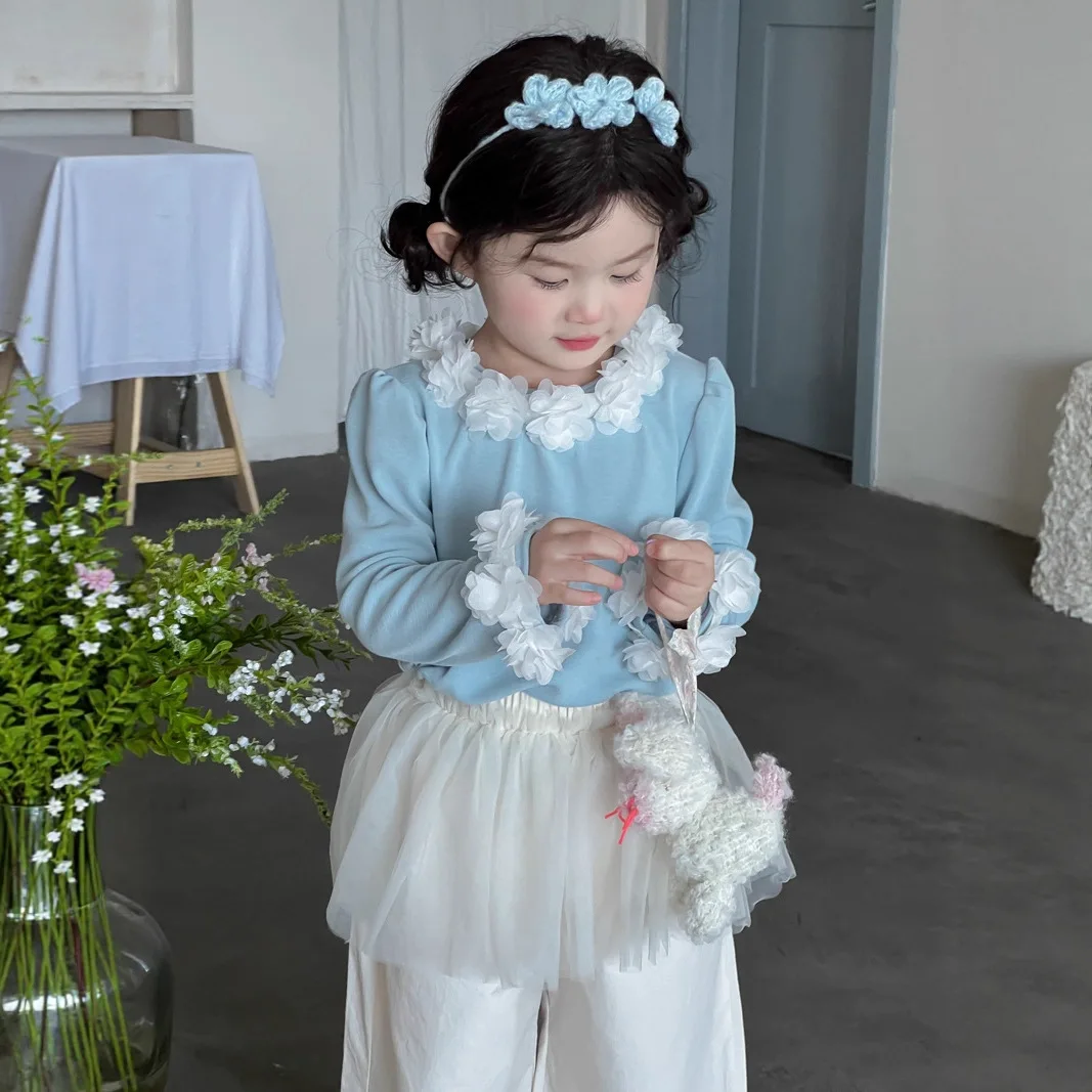 Girls Blouse 2025 Autumn New Childrens Clothing Korean Girl Baby Fashion Three-dimensional Flower Long Sleeve Bottom Undress